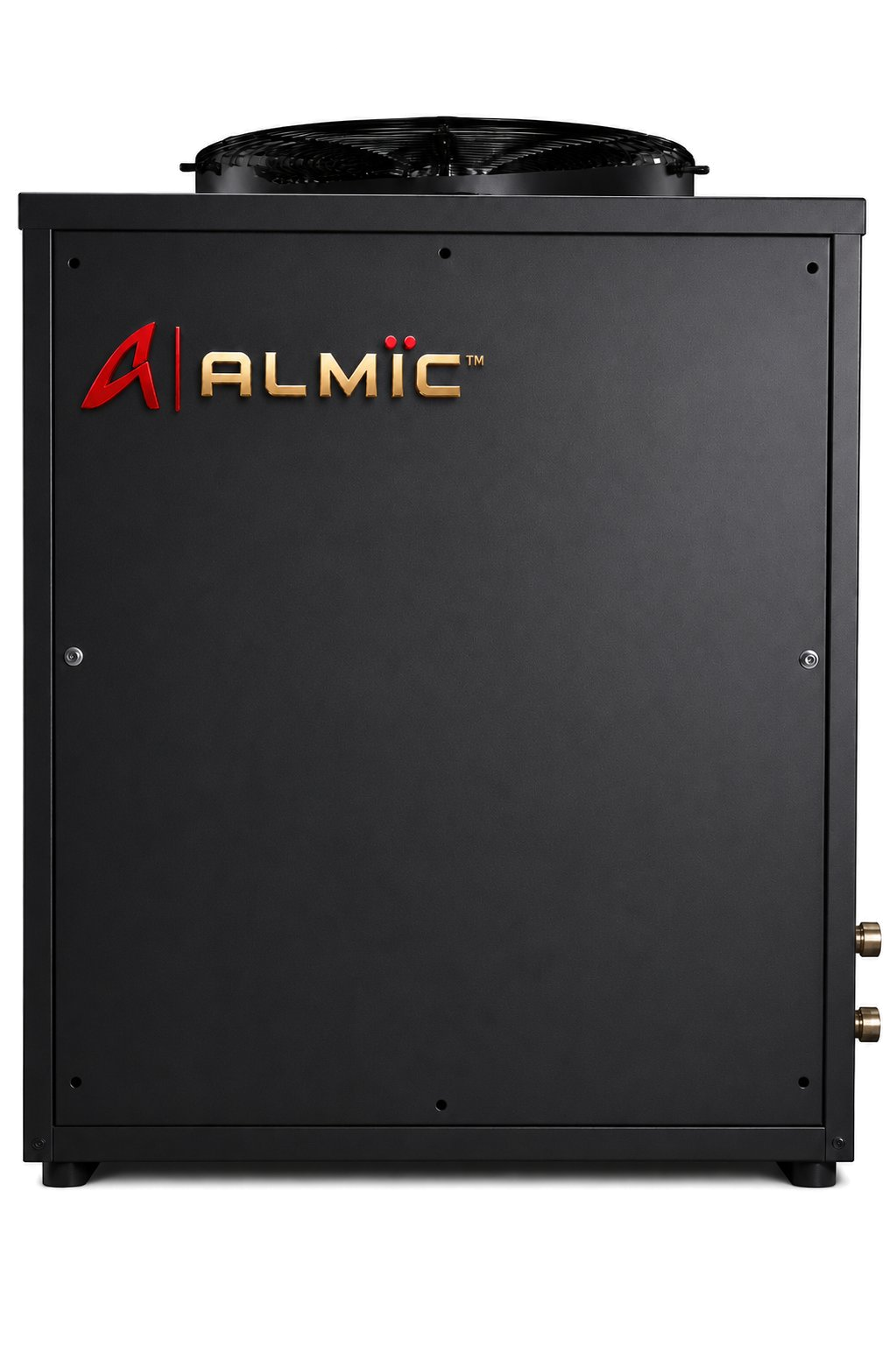 ALMIC heat pump unit, front panel with ALMIC branding, fan and service access