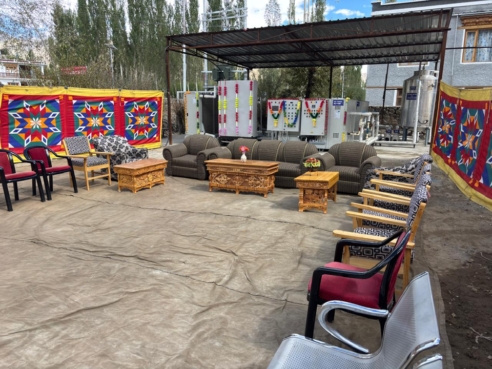 Seating area set up for the inauguration event beside the Thiksey plant room