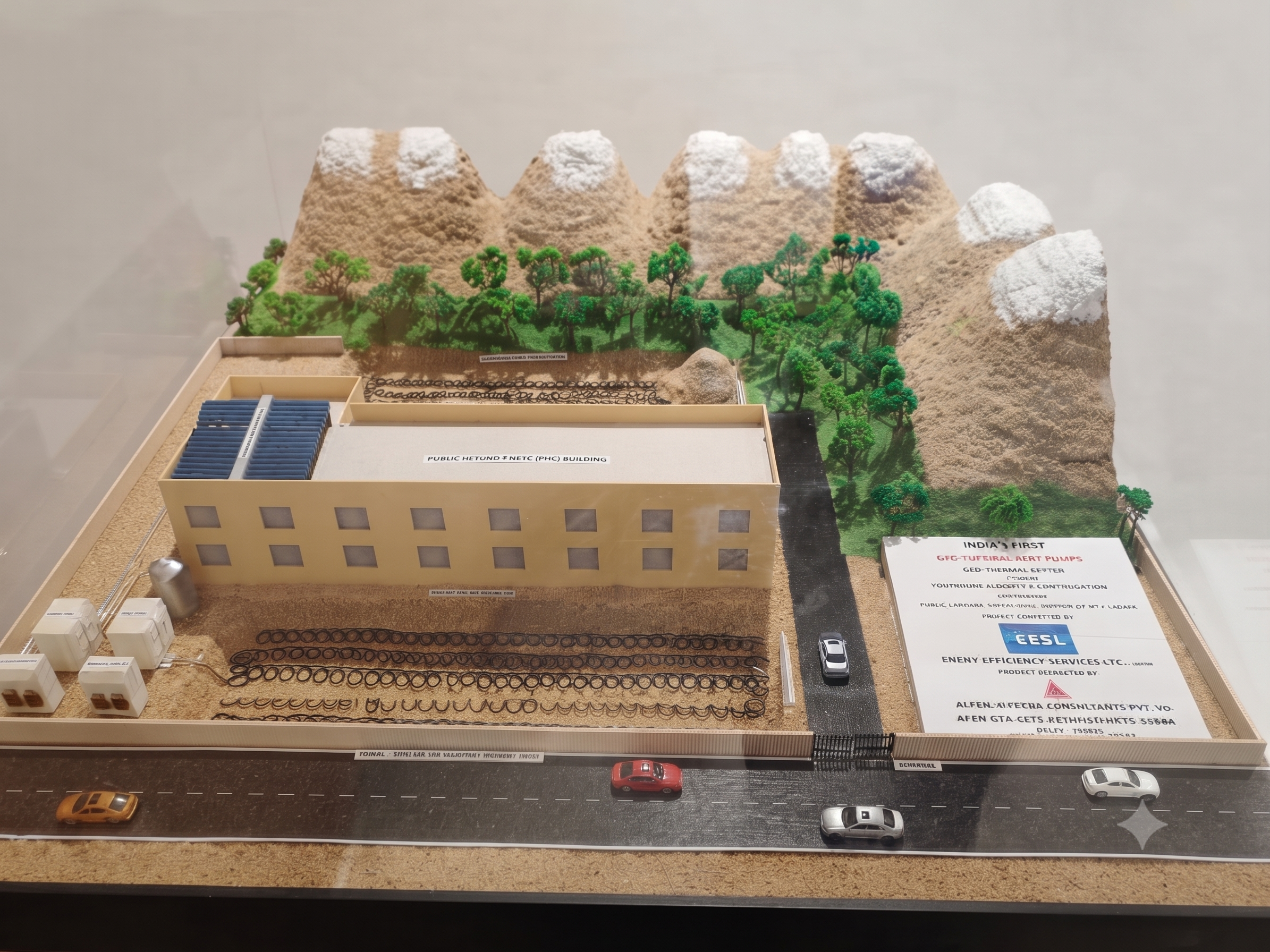 Scale model of the Thiksey Primary Health Centre site showing the building, solar panels, horizontal Slinky geothermal loop field and surrounding mountain landscape